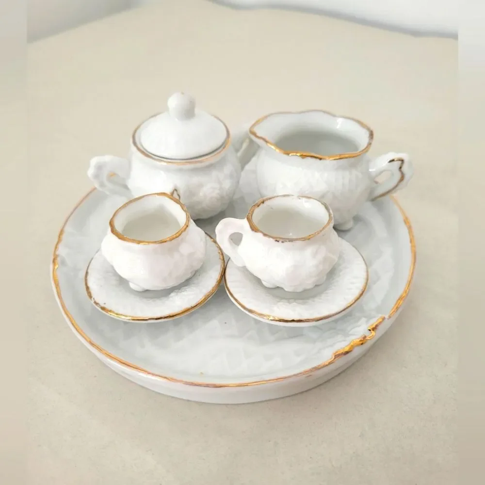 Micro Porcelain Tea Set Display White Gold Trim Tea Party Dollhouse Mini Size